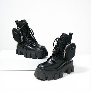 Prada Monolith Boots Short Boots Shoes Leather Nylon Black With Pouch Triangle
